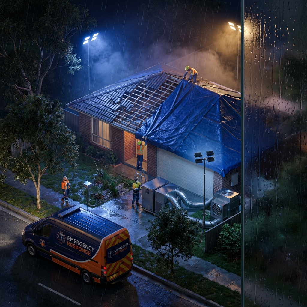 3D illustration of emergency make-safe operation on a storm-damaged Australian home with blue tarps and emergency lighting